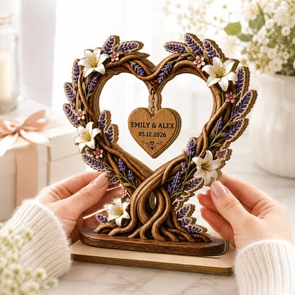 Personalized Wooden Plaque, Floral Heart Tree of Life, Unique Anniversary Gift for Couple