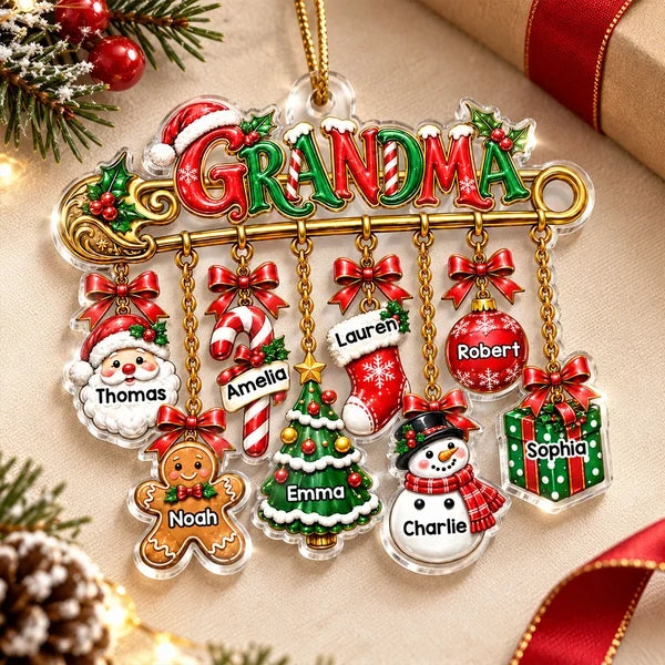 Personalized Acrylic Ornament, Grandma Safety Pin with Hanging Christmas Charms, Unique Gift for Grandma