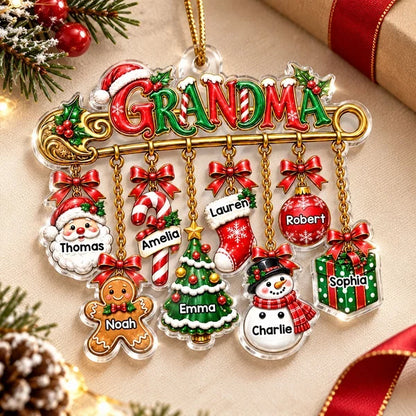 Personalized Acrylic Ornament, Grandma Safety Pin with Hanging Christmas Charms, Unique Gift for Grandma