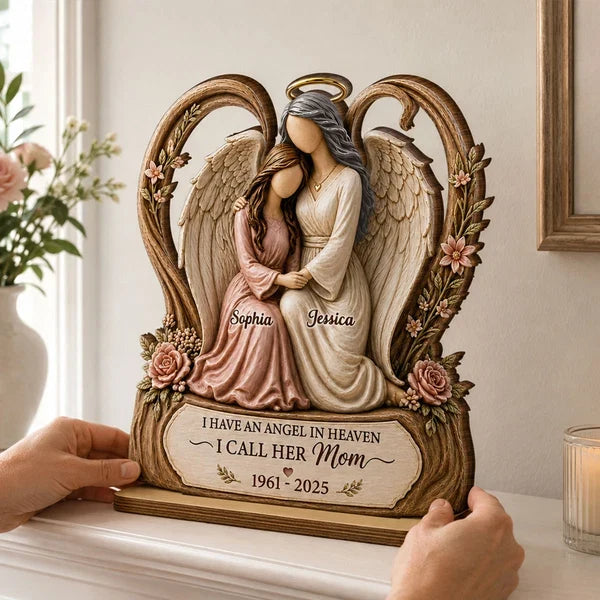 Personalized 2-Layer Wooden Plaque, Warm Angel and Daughter Embrace, Unique Sympathy Gift for Daughter