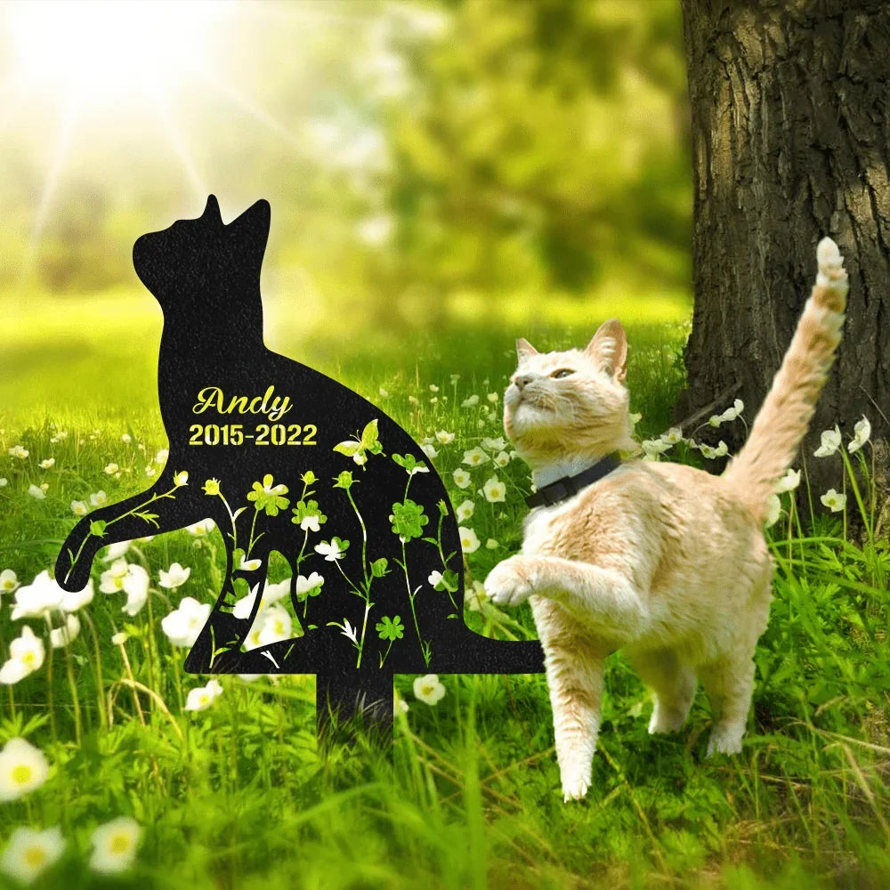 Personalized Metal Garden Stake, Sitting Cat & Wildflower Design, Creative Memorial Gift for Pet Owners
