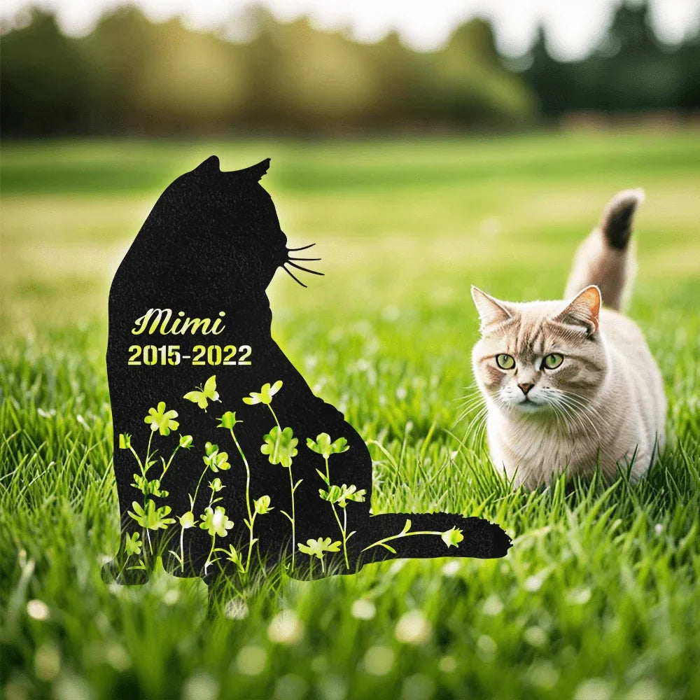 Personalized Metal Garden Stake, Sitting Cat & Wildflower Design, Creative Memorial Gift for Pet Owners