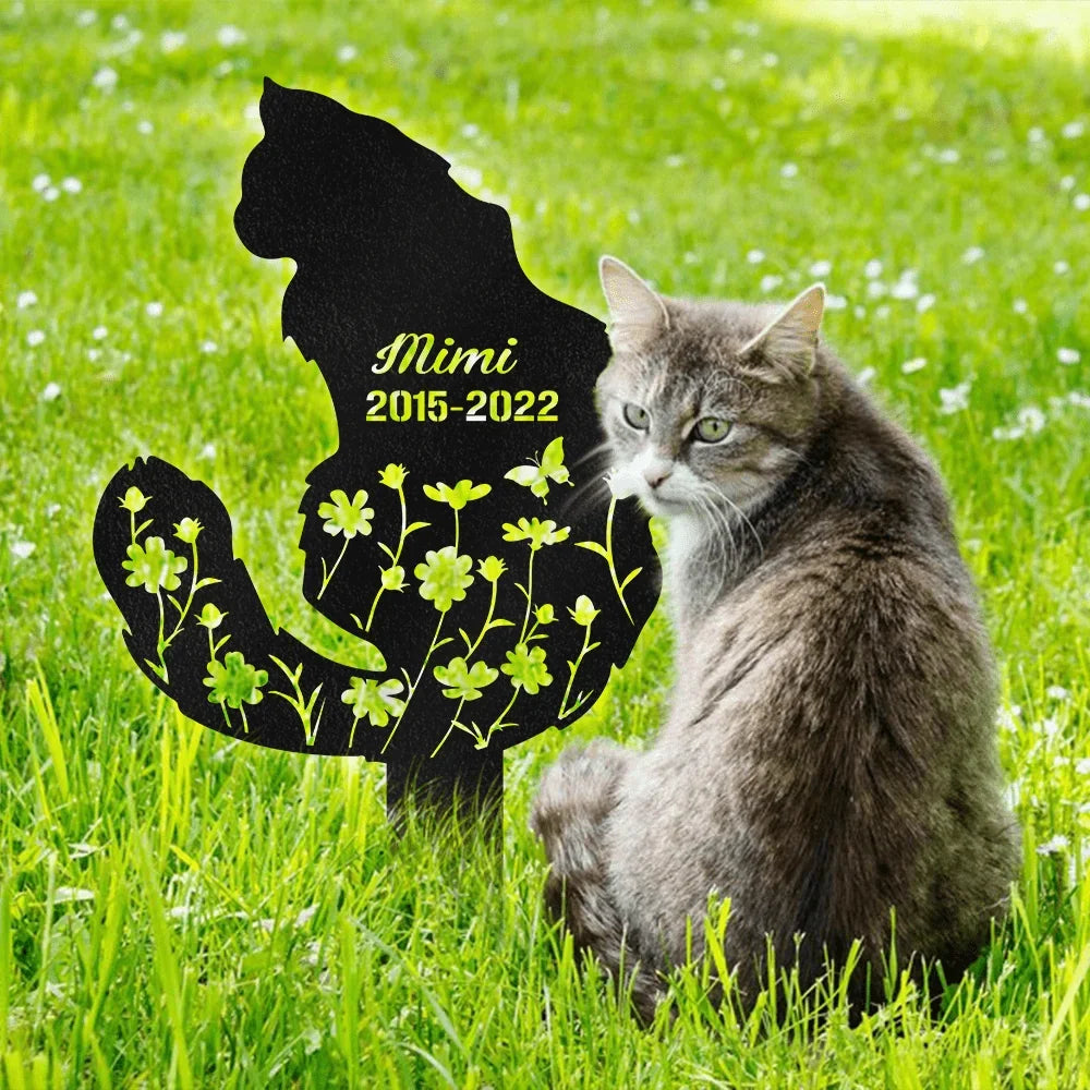 Personalized Metal Garden Stake, Sitting Cat & Wildflower Design, Creative Memorial Gift for Pet Owners