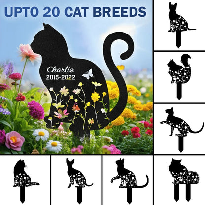 Personalized Metal Garden Stake, Sitting Cat & Wildflower Design, Creative Memorial Gift for Pet Owners