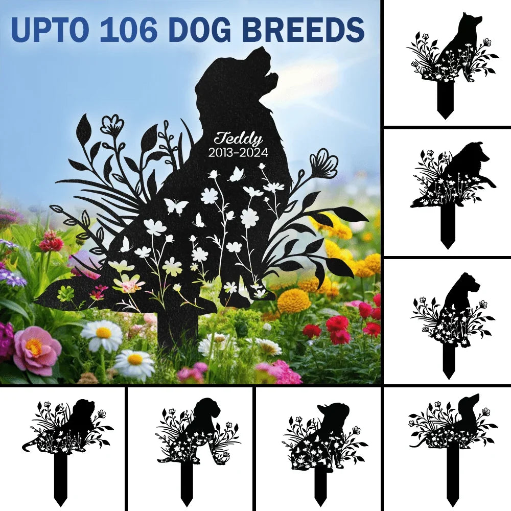 Dog Memorial Metal Garden Stake, Personalized Sitting Dog in a Flower Garden, Creative Sympathy Gift for Pet Owners