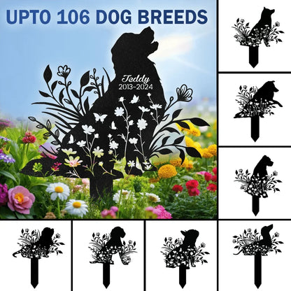 Dog Memorial Metal Garden Stake, Personalized Sitting Dog in a Flower Garden, Creative Sympathy Gift for Pet Owners