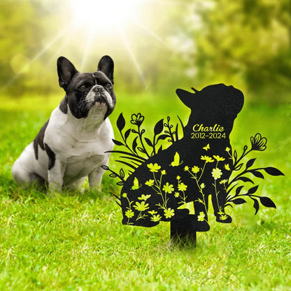 Dog Memorial Metal Garden Stake, Personalized Sitting Dog in a Flower Garden, Creative Sympathy Gift for Pet Owners
