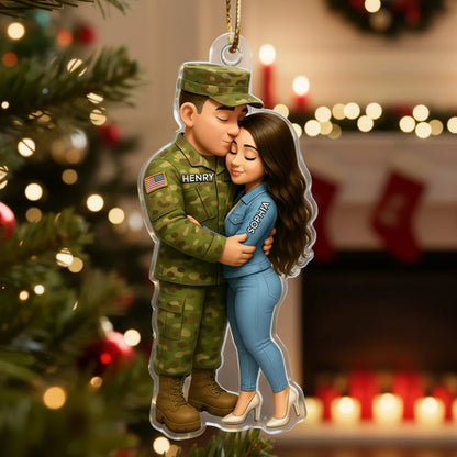 Acrylic Ornament - Custom Military Couple Hugging, Christmas Tree Decor, tender keepsake, a unique gift for Couples, Him or Her