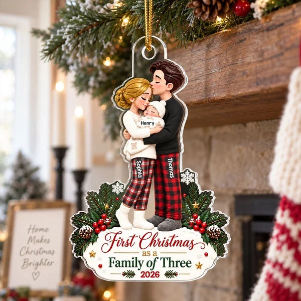 Personalized Acrylic Ornament, Hugging Parents and Baby at Christmas, Unique Gift for New Parents