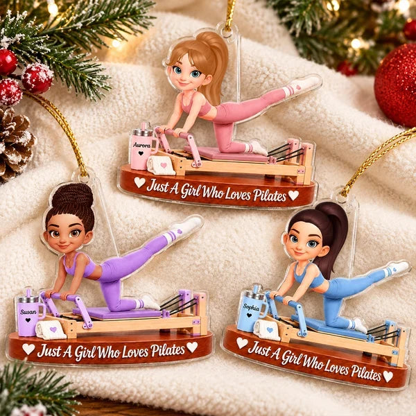 Personalized Acrylic Ornament, Pink Pilates Reformer Girl, Unique Christmas Gift for Wife, Daughter or Friend