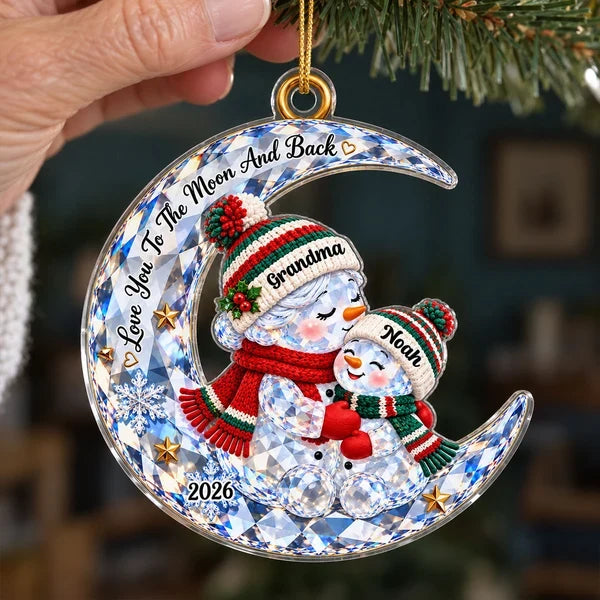 Personalized Acrylic Ornament, Hugging Grandma and Grandkid Snowmen on Moon, Unique Christmas Gift for Grandma