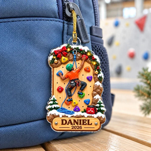 Personalized Acrylic Ornament, Rock Climber Scaling a Snowy Wall, Unique Christmas Gift for Kids