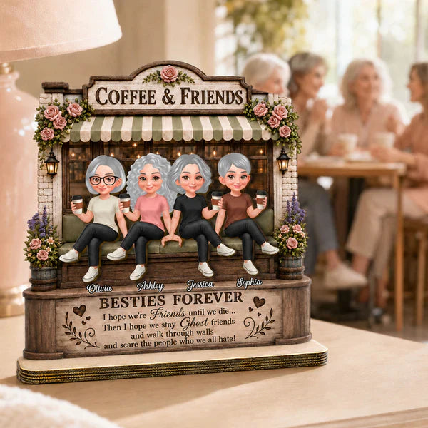 Personalized 2-Layer Wooden Plaque, Seated Friends with Coffee, Unique Gift for Besties