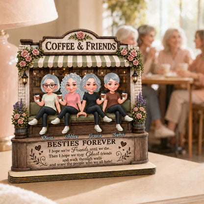 Personalized 2-Layer Wooden Plaque, Seated Friends with Coffee, Unique Gift for Besties