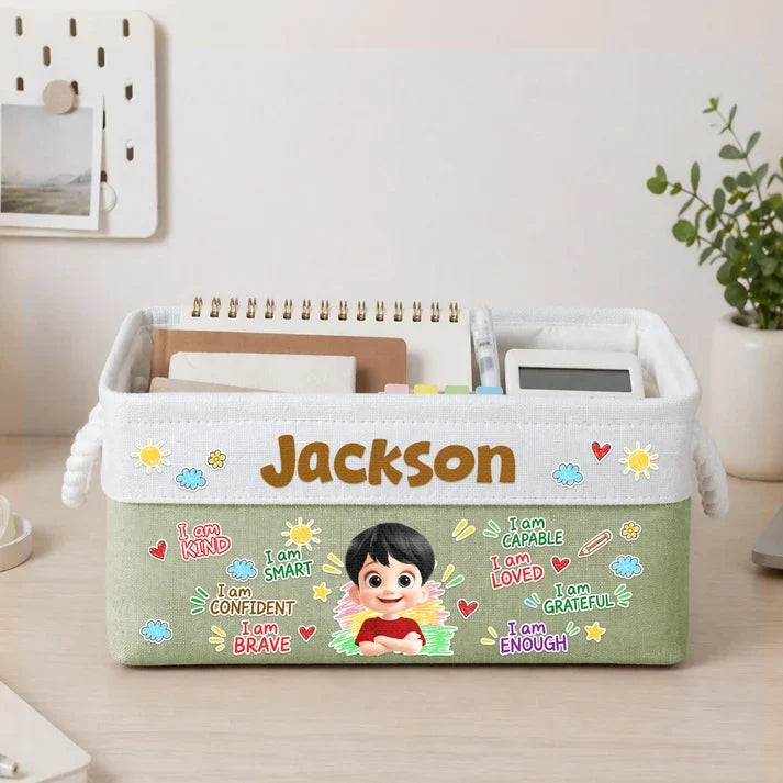 Personalized Rope Basket with Smiling Child Affirmations, Unique Gift for Grandson or Granddaughter