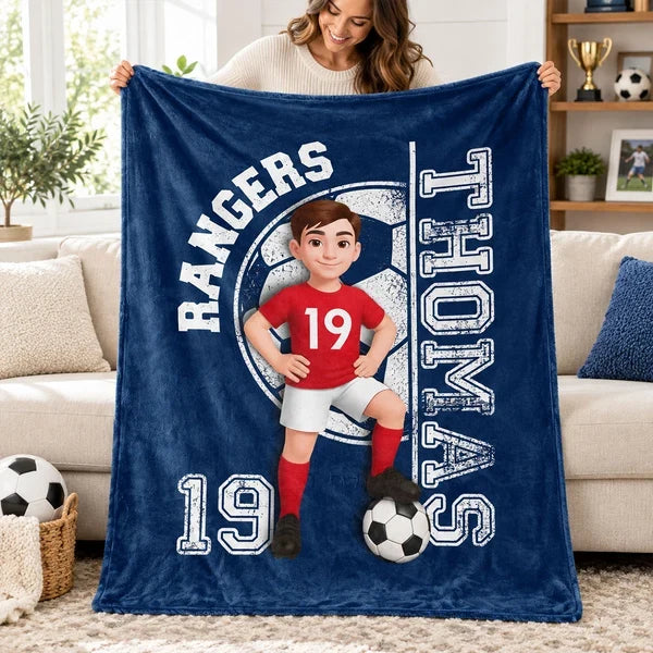 Personalized Fleece Blanket, Soccer Player Posing with Ball, Unique Navy Gift for Son or Grandkid