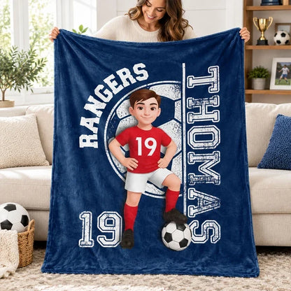 Personalized Fleece Blanket, Soccer Player Posing with Ball, Unique Navy Gift for Son or Grandkid
