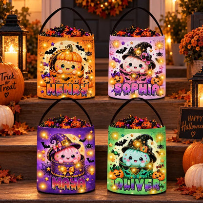 Personalized LED Light Up Fabric Basket, Cute Pumpkin Halloween Trick or Treat Bucket, Unique Gift for Kids