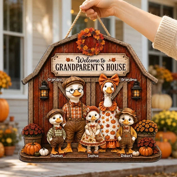 Personalized Wooden Sign, Rustic Autumn Goose Family at Grandparents' House, Unique Gift for Grandma & Grandpa