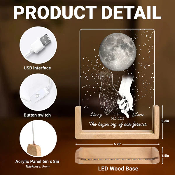 Personalized LED Light Frame, Couple Moon & Stars Design, Unique Gift for Couple with Soft Romantic Glow