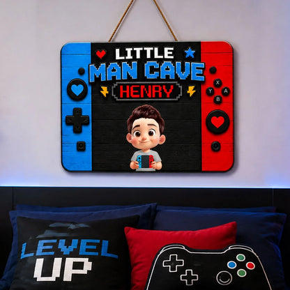Personalized Little Man Cave Wooden Sign, Cartoon Gamer Holding Controller, Unique Gift for Boys and Gamers