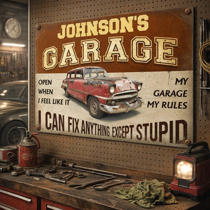 Rectangular Iron Sign My Garage My Rules I Can Fix Anything Except Stupid - Rustic Garage Wall Decor Gift