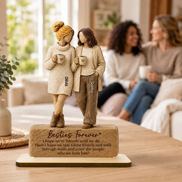 Personalized Wooden Plaque With Two Friends Holding Mugs, Unique Creative Gift For Friend
