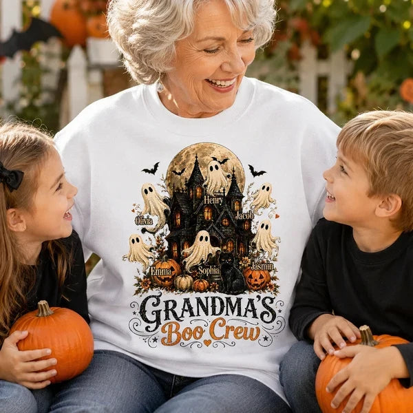 Personalized Classic Tee, Floating Ghosts at a Moonlit Haunted House, Unique Halloween Gift for Grandma