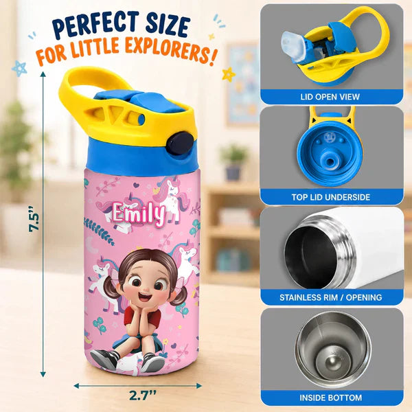 Personalized Kids Water Bottle with Pink Unicorn Pattern, Unique Creative Gift for Daughter