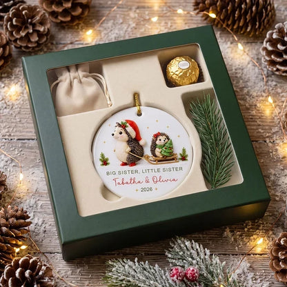 Personalized Ceramic Ornament, Sister Hedgehogs in a Snowy Sled Scene, Creative Keepsake Gift for Sisters