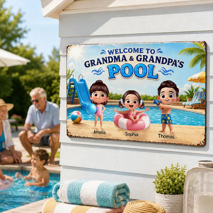 Personalized Rectangular Iron Sign, Kids Playing by Sunny Pool, Unique Gift for Grandma & Grandpa