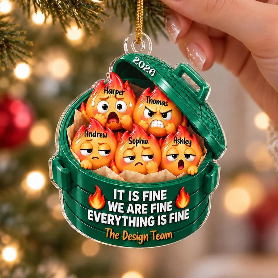 Personalized Dumpster Fire Acrylic Ornament, Cute Cartoon Team Scene, Unique Christmas Gift for Coworkers