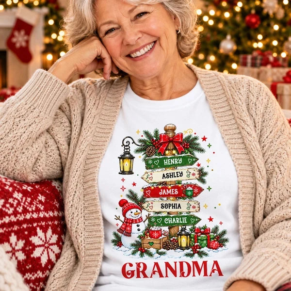 Personalized Grandma Classic Tee, Christmas Signpost Art in Festive Red & Green, Unique Gift for Grandma