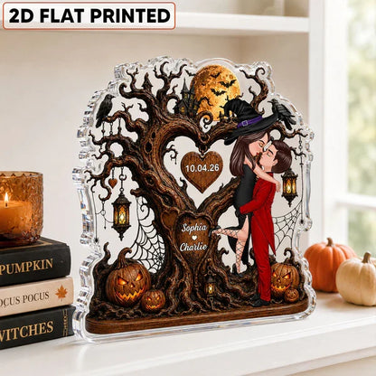 Personalized Acrylic Block Plaque, Halloween Heart Tree Couple Kissing Scene, Unique Creative Gift for Couple