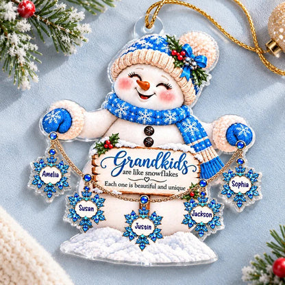 Personalized Acrylic Ornament, Blue Snowman Holding Snowflakes, Unique Christmas Gift for Grandma
