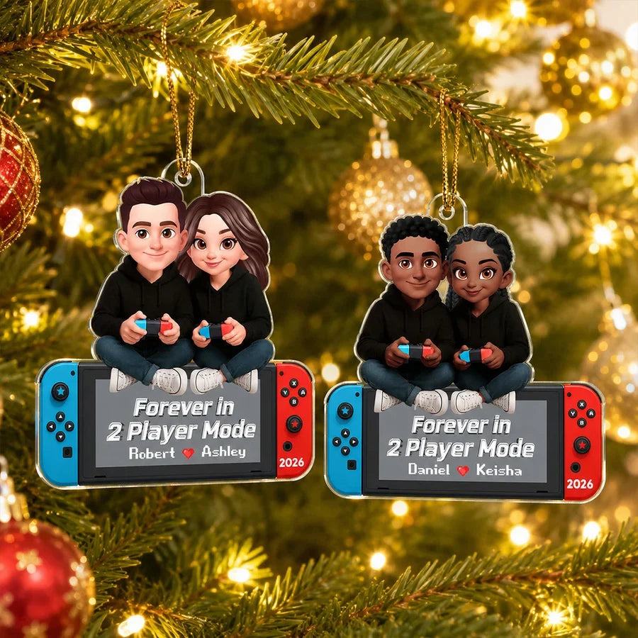 Personalized Acrylic Ornament, Cartoon Couple Holding Controllers, Unique Christmas Tree Gift for Gamers