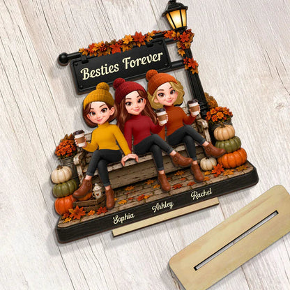 Personalized 2-Layer Wooden Plaque, Fall Lamp Post Friends Scene, Unique Gift For Besties