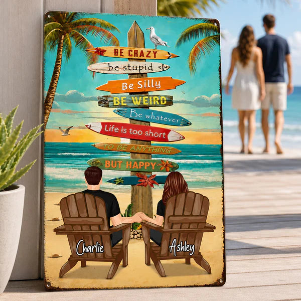Personalized Rectangular Iron Sign With Holding Hands Beach Couple, Unique Gift for Summer Decor