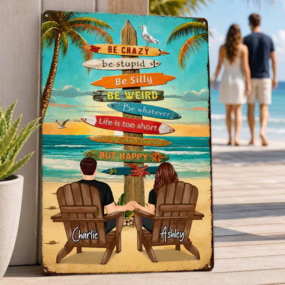 Personalized Rectangular Iron Sign With Holding Hands Beach Couple, Unique Gift for Summer Decor