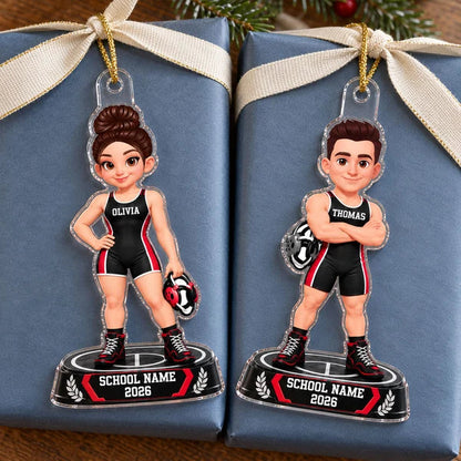 Personalized Acrylic Ornament, Black and Red Cartoon Wrestler Holding Headgear, Unique Christmas Gift for Grandchildren