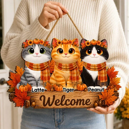 Personalized Wooden Sign, Cozy Cartoon Cats in Autumn Leaves, Creative Housewarming Gift for Cat Owners