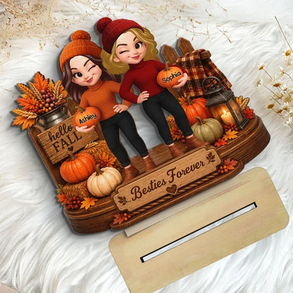 Personalized Wooden Plaque, Winking Besties Holding Pumpkins in a Cozy Fall Scene, Unique Gift for a Close Friend