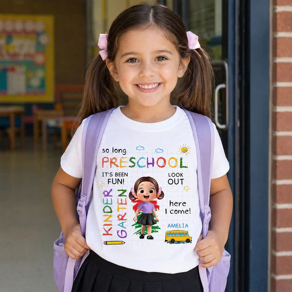 Personalized Youth Tee with Cartoon Kid & School Bus for Back to School, Unique Gift for Kids