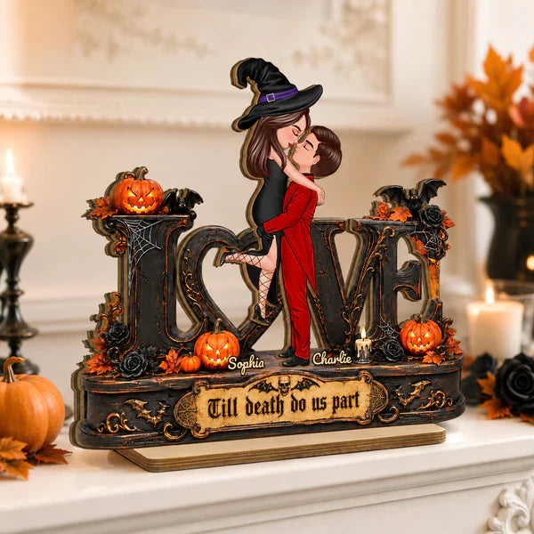 Personalized 2-Layer Wooden Plaque with Till Death Do Us Part Art, Creative Halloween Gift for Couples