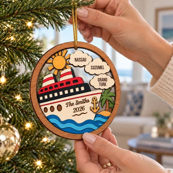Personalized Family Cruise 2-Layer Wooden Ornament, Tropical Travel Memory, Creative Gift for Travelers