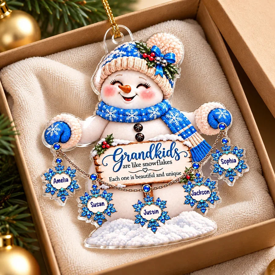 Personalized Acrylic Ornament, Blue Snowman Holding Snowflakes, Unique Christmas Gift for Grandma