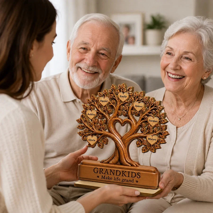 Grandkids Make Life Grand Personalized 2-Layer Wooden Plaque, Warm Brown Family Tree, Unique Gift for Grandparents