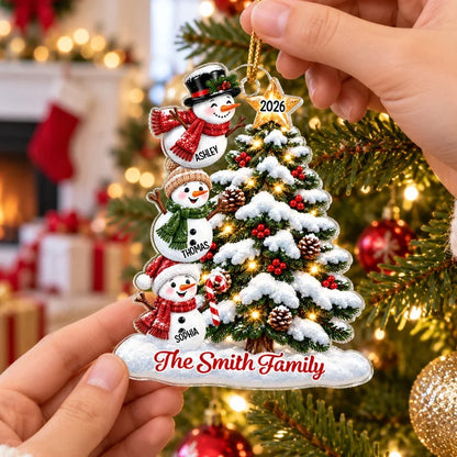 Personalized Acrylic Ornament, Waving Snowman Family by a Snowy Christmas Tree, Unique Gift for Grandkids