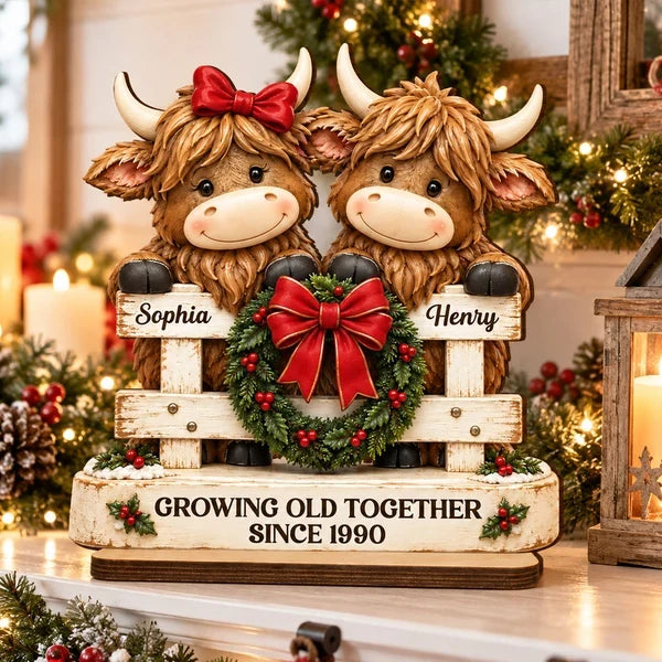 Personalized 2-Layer Wooden Plaque, Highland Cow Couple by a Christmas Fence, Unique Gift for Couples