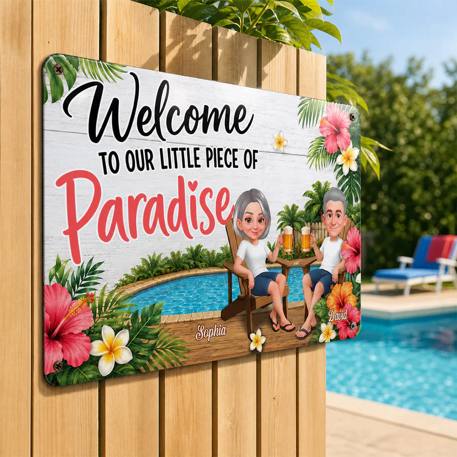 Personalized Rectangular Iron Sign with Sitting Couple, Tropical Pool Welcome Decor, Unique Gift for Couples